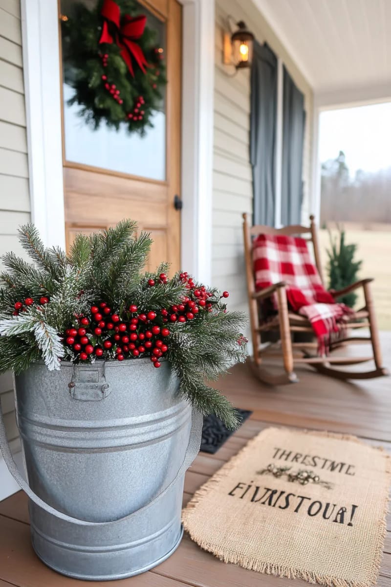 rustic metal bucket with holly branches and red berries by the entryway. 1