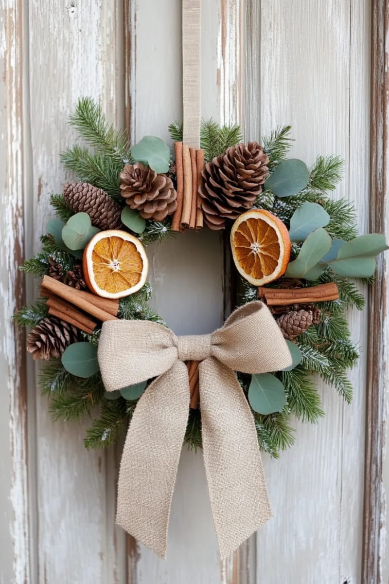 rustic pinecone and cinnamon stick wreath with burlap ribbon 1