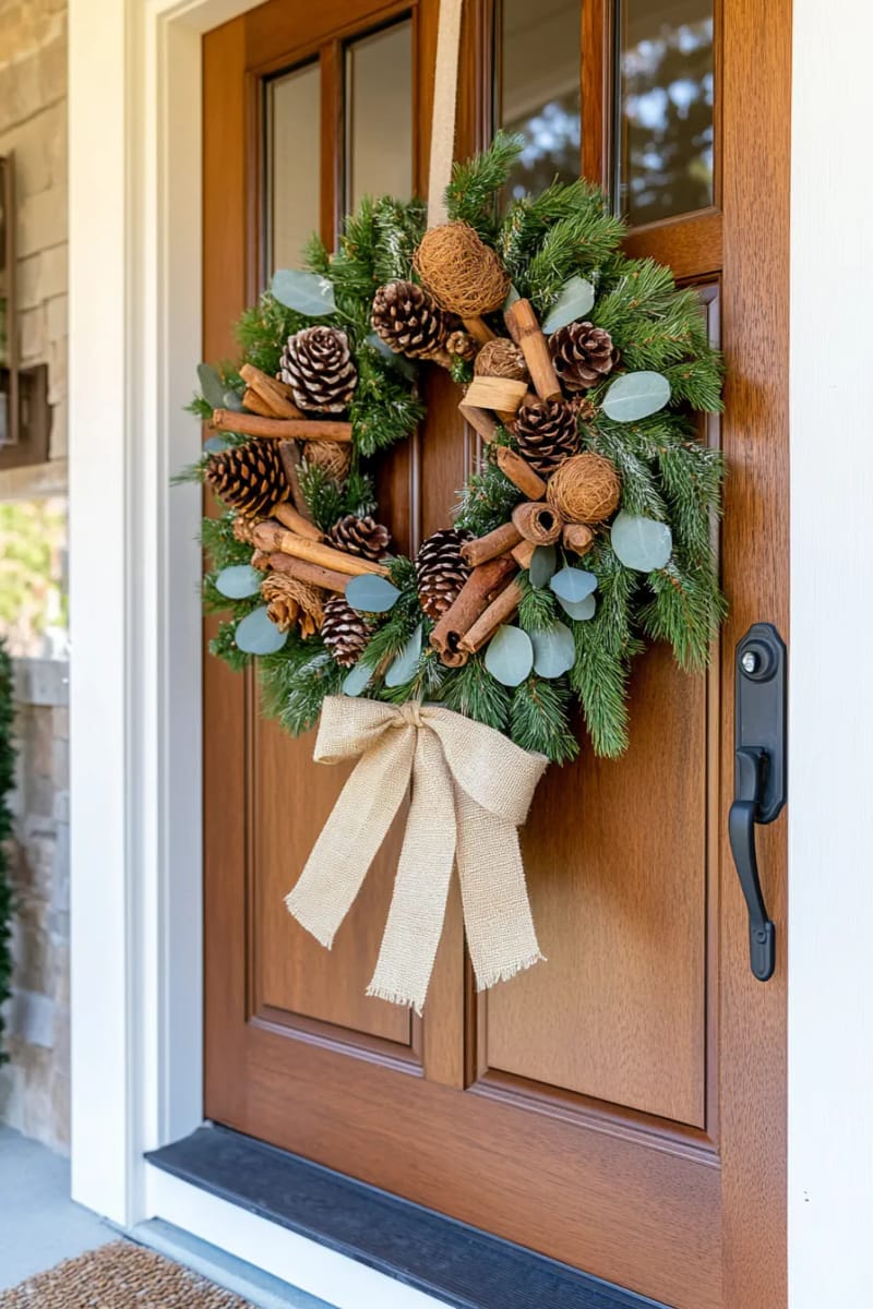 rustic pinecone and cinnamon stick wreath with burlap ribbon 1