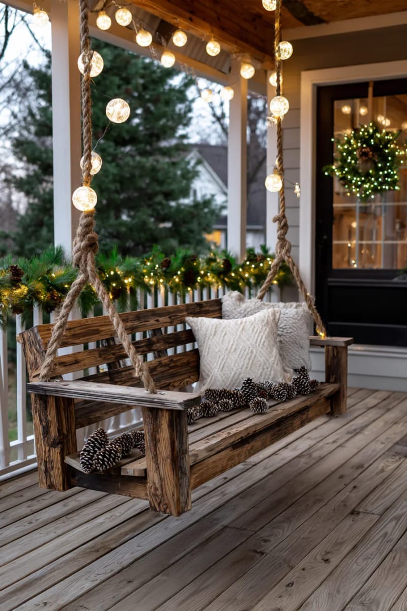 rustic porch swing surrounded by glowing ball lights and pinecones 1