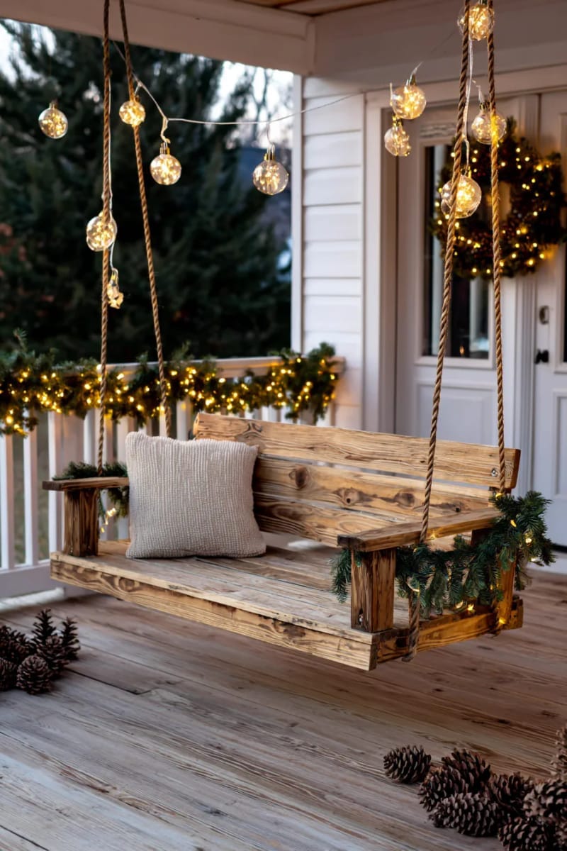rustic porch swing surrounded by glowing ball lights and pinecones 1