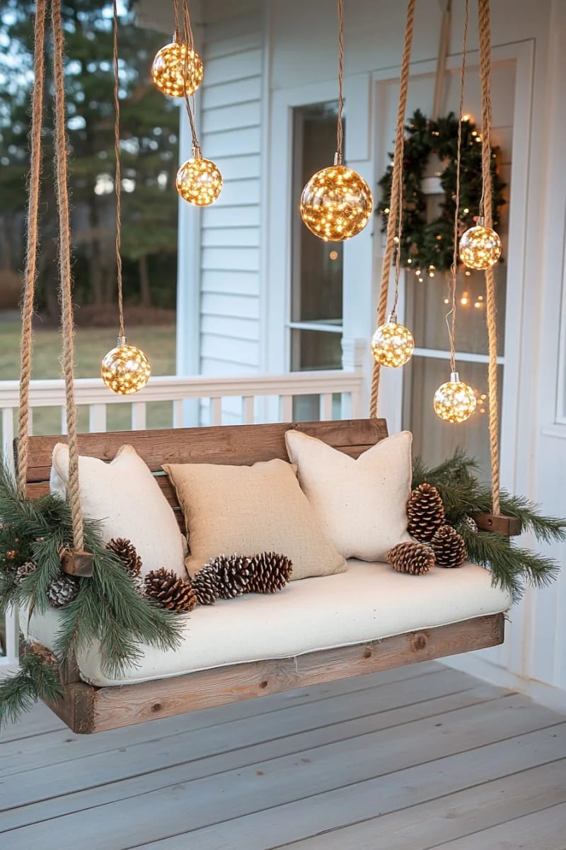 rustic porch swing surrounded by glowing ball lights and pinecones 1
