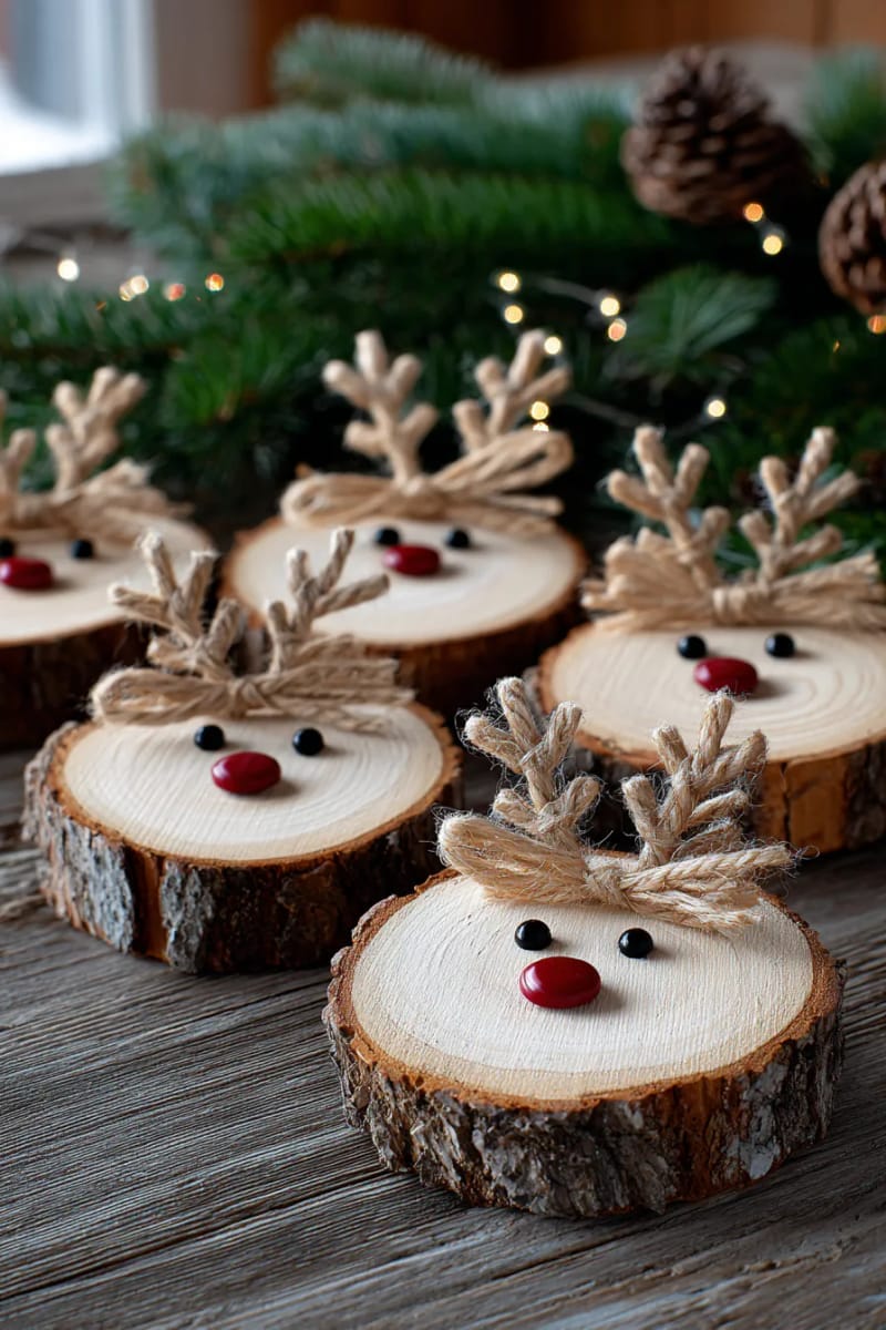 rustic reindeer faces from wood slices, twine antlers, and painted noses 1