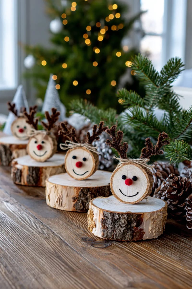 rustic reindeer faces from wood slices, twine antlers, and painted noses 1