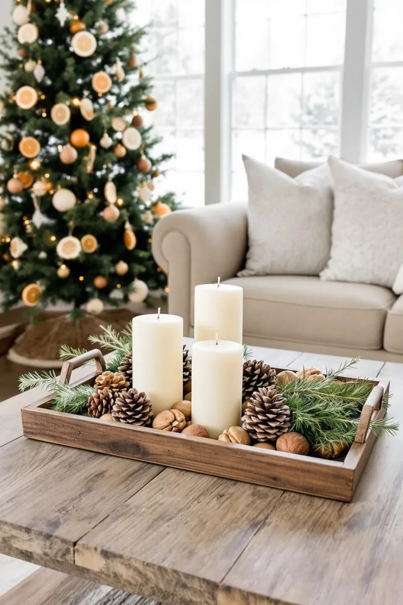 29 Simple Christmas Decor Ideas for a Beautiful Holiday Season 41 rustic tray display with pinecones, candles, and walnuts 1
