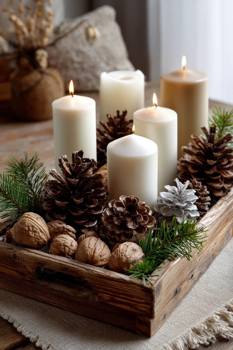 29 Simple Christmas Decor Ideas for a Beautiful Holiday Season 42 rustic tray display with pinecones, candles, and walnuts 1