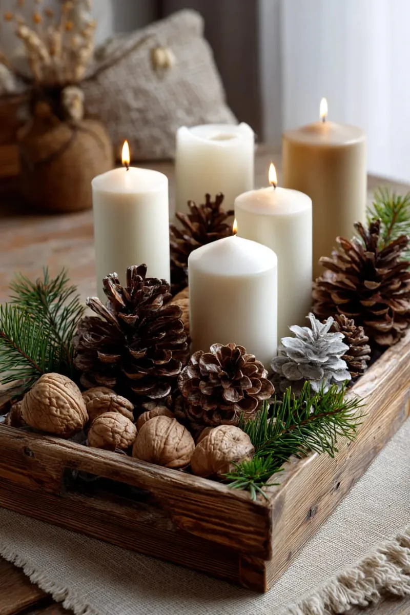 29 Simple Christmas Decor Ideas for a Beautiful Holiday Season 42 rustic tray display with pinecones, candles, and walnuts 1