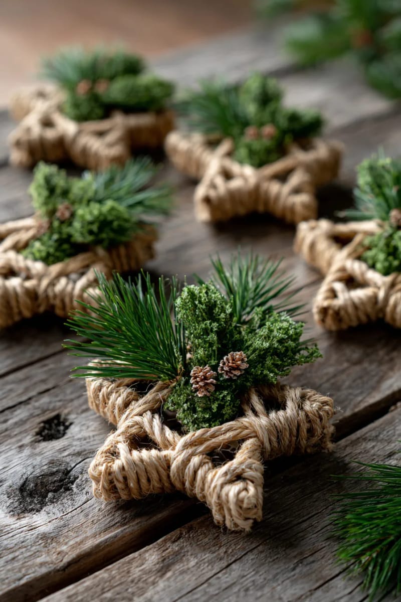 rustic twine-wrapped star ornaments topped with faux pine sprigs 1