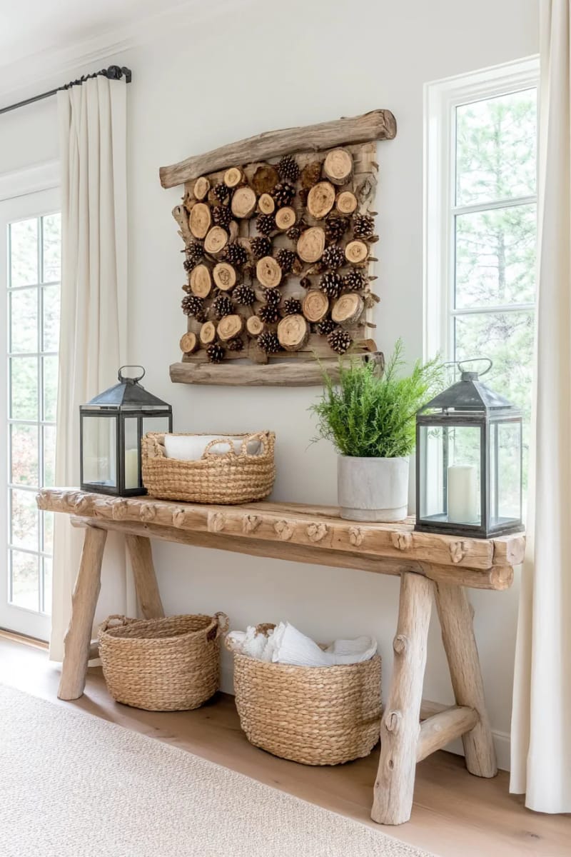 rustic wall hanging made from driftwood, pinecones, and dried citrus 1