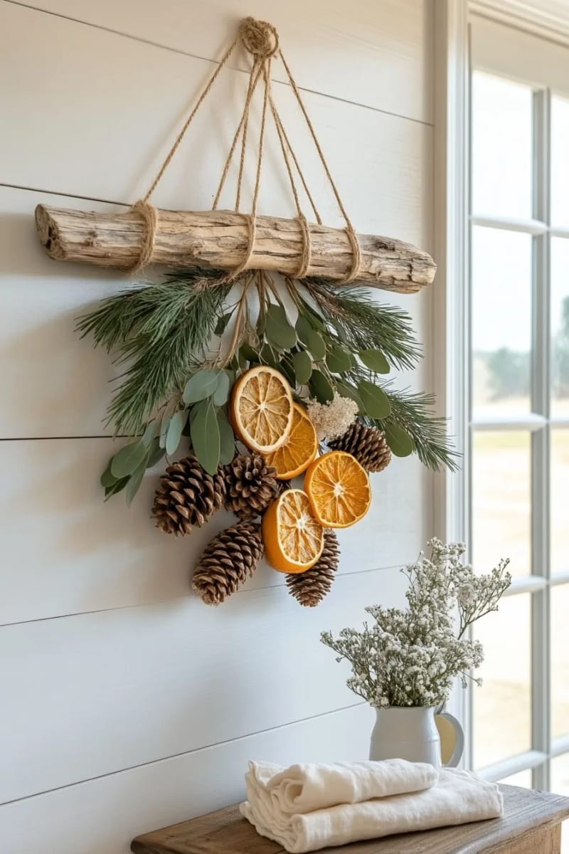 rustic wall hanging made from driftwood, pinecones, and dried citrus 1