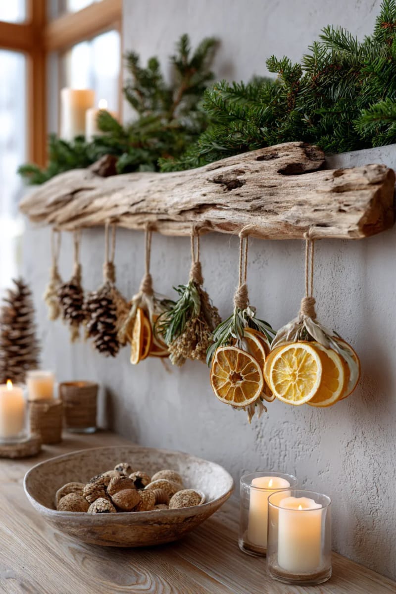 rustic wall hanging made from driftwood, pinecones, and dried citrus 1
