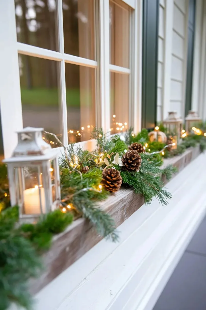 rustic window frame decorated with fairy lights and evergreen sprigs 1