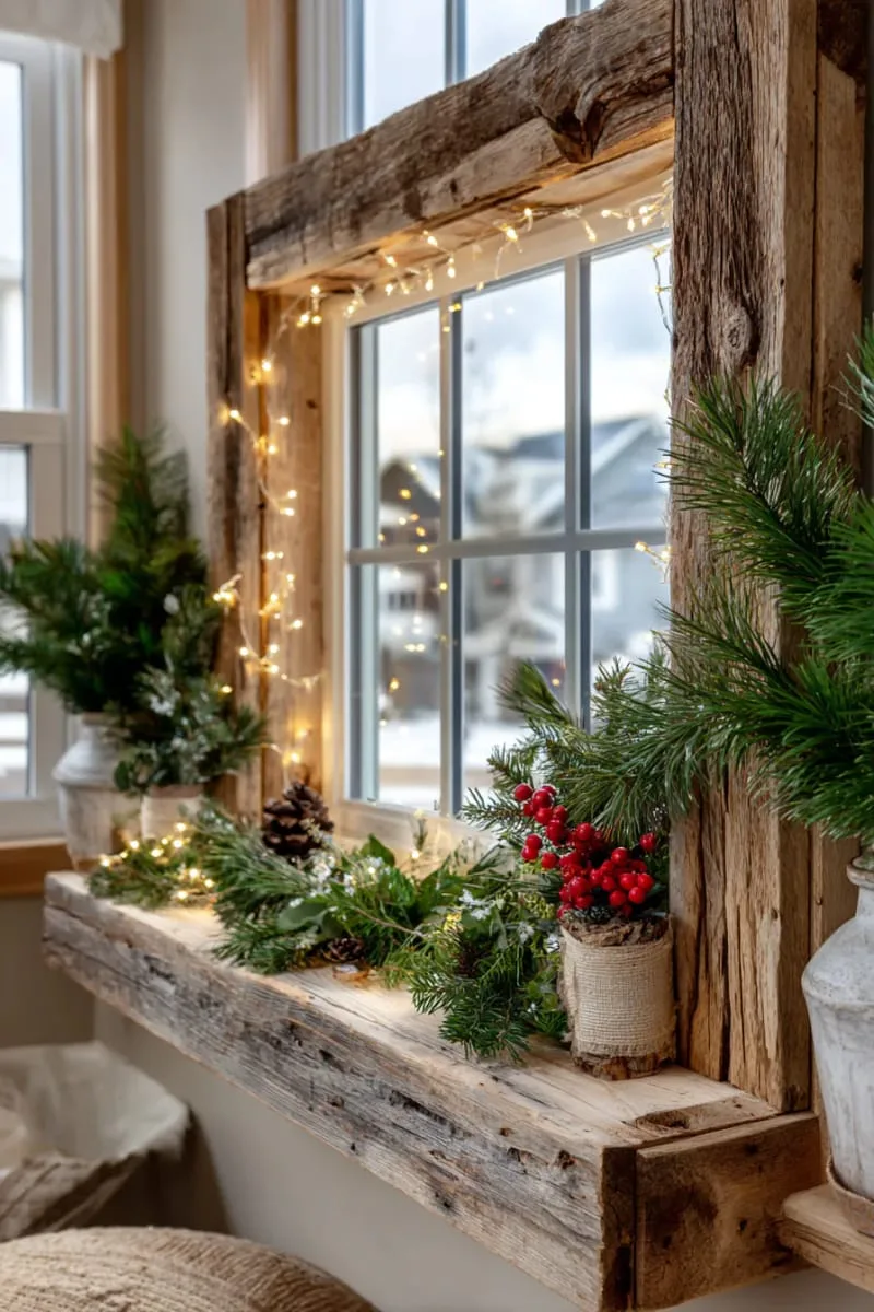 rustic window frame decorated with fairy lights and evergreen sprigs 1