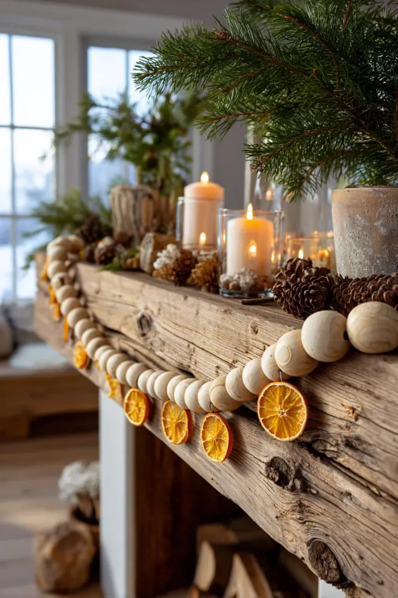 rustic wood bead garland paired with dried orange slices 1