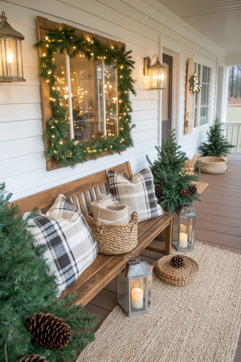 rustic wood-framed mirror reflecting a garland-wrapped front porch chandelier 1