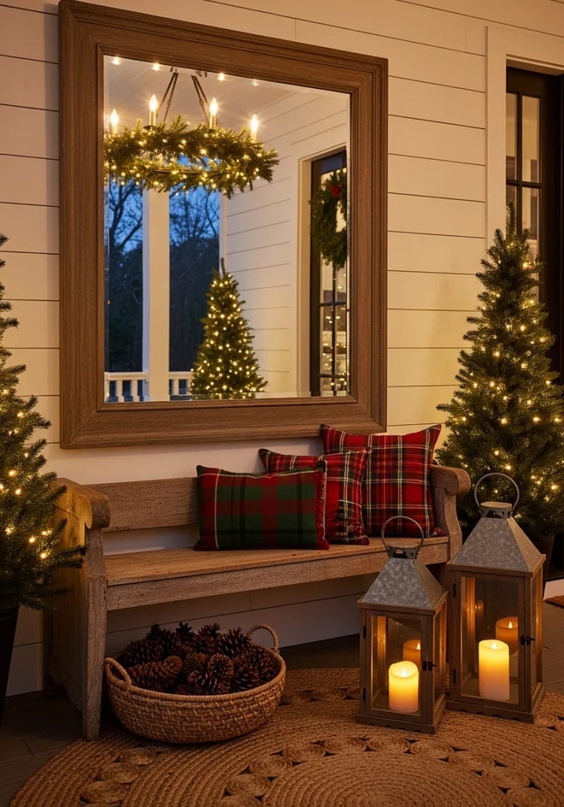 rustic wood-framed mirror reflecting a garland-wrapped front porch chandelier 1
