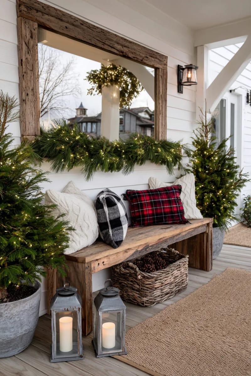 rustic wood-framed mirror reflecting a garland-wrapped front porch chandelier 1