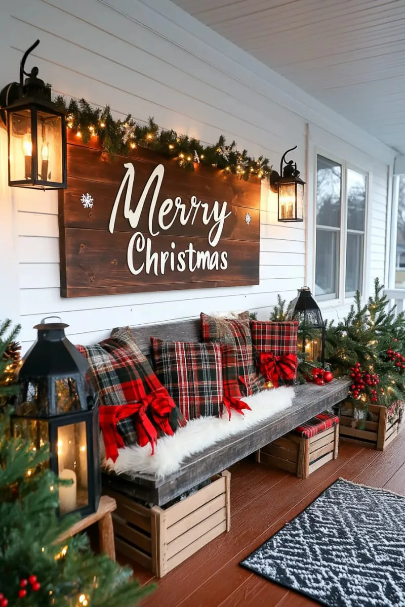 rustic wood “merry christmas” sign with buffalo plaid bows and lanterns 1