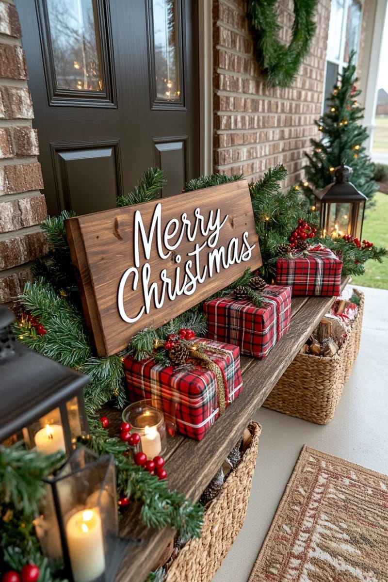 29 Festive Christmas Door Decor Ideas for a Magical Entry 46 rustic wood “merry christmas” sign with buffalo plaid bows and lanterns 1