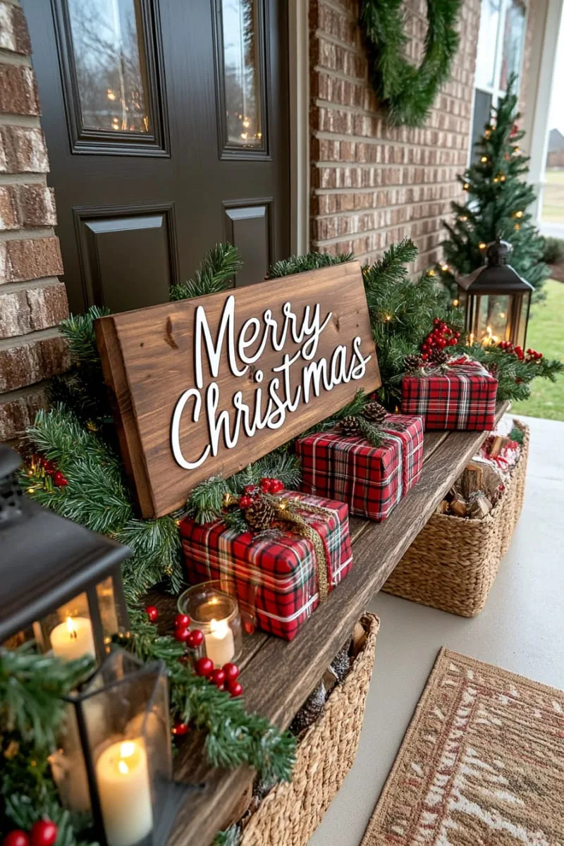 rustic wood “merry christmas” sign with buffalo plaid bows and lanterns 1