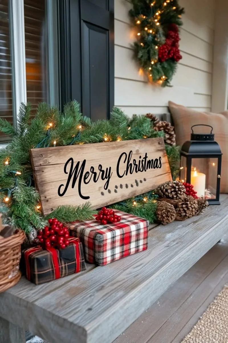 rustic wood “merry christmas” sign with buffalo plaid bows and lanterns 1