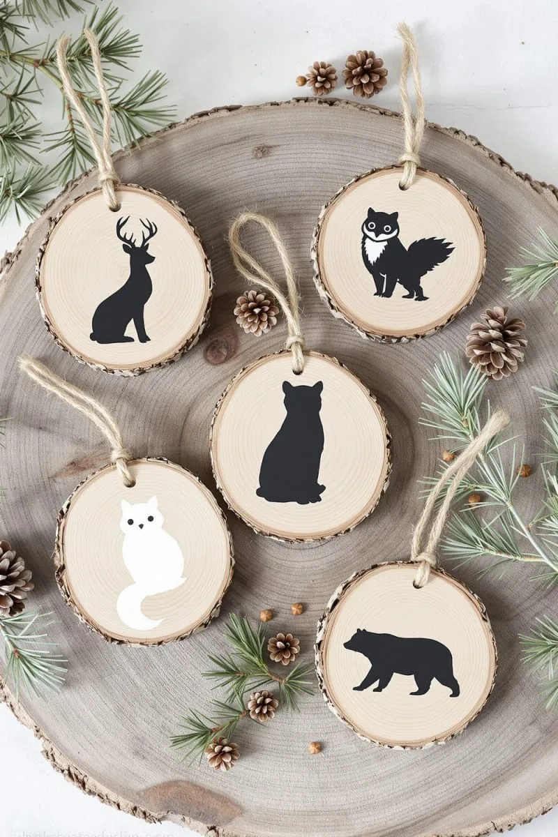 rustic wood slice ornaments painted with woodland animal silhouettes 1
