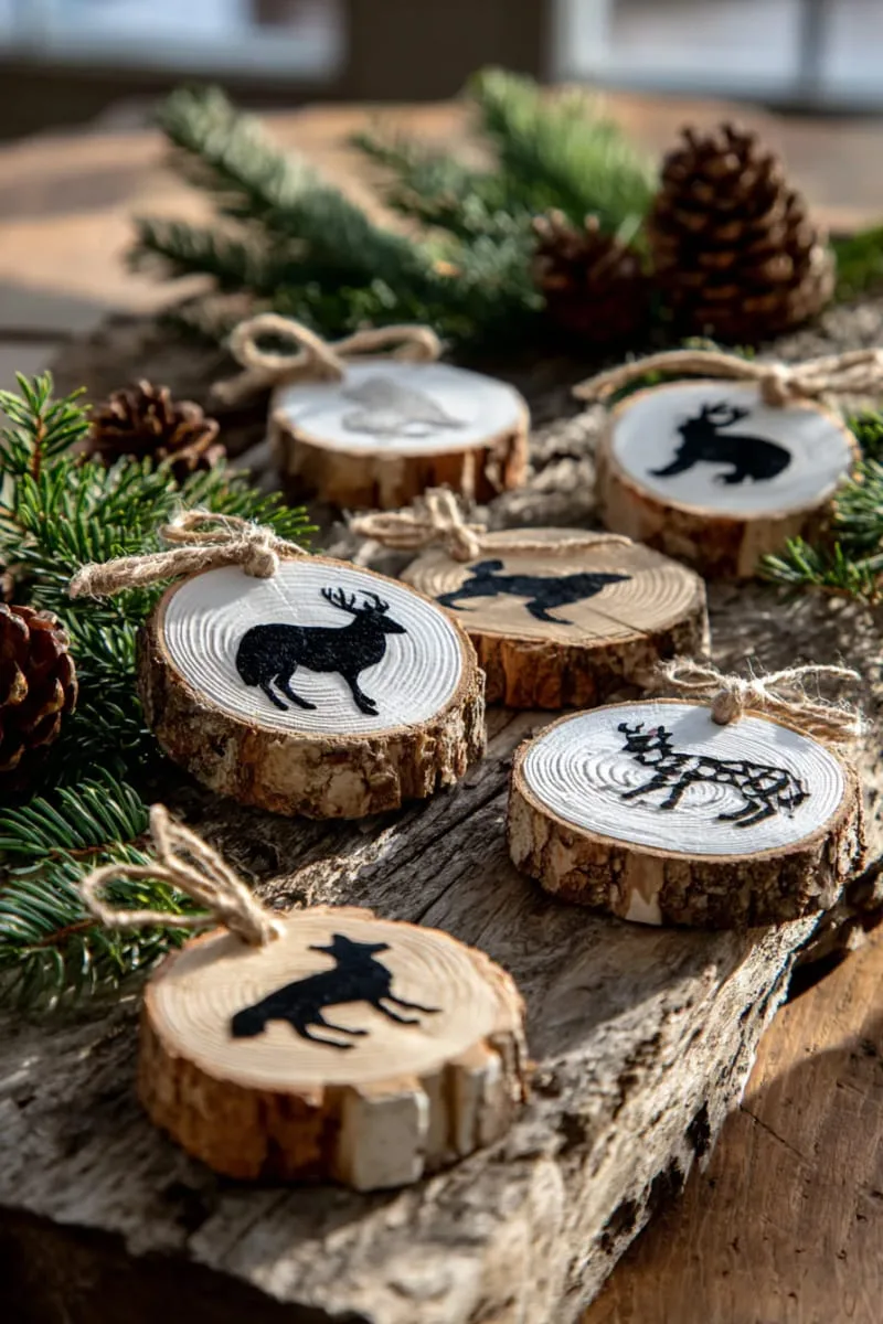 rustic wood slice ornaments painted with woodland animal silhouettes 1