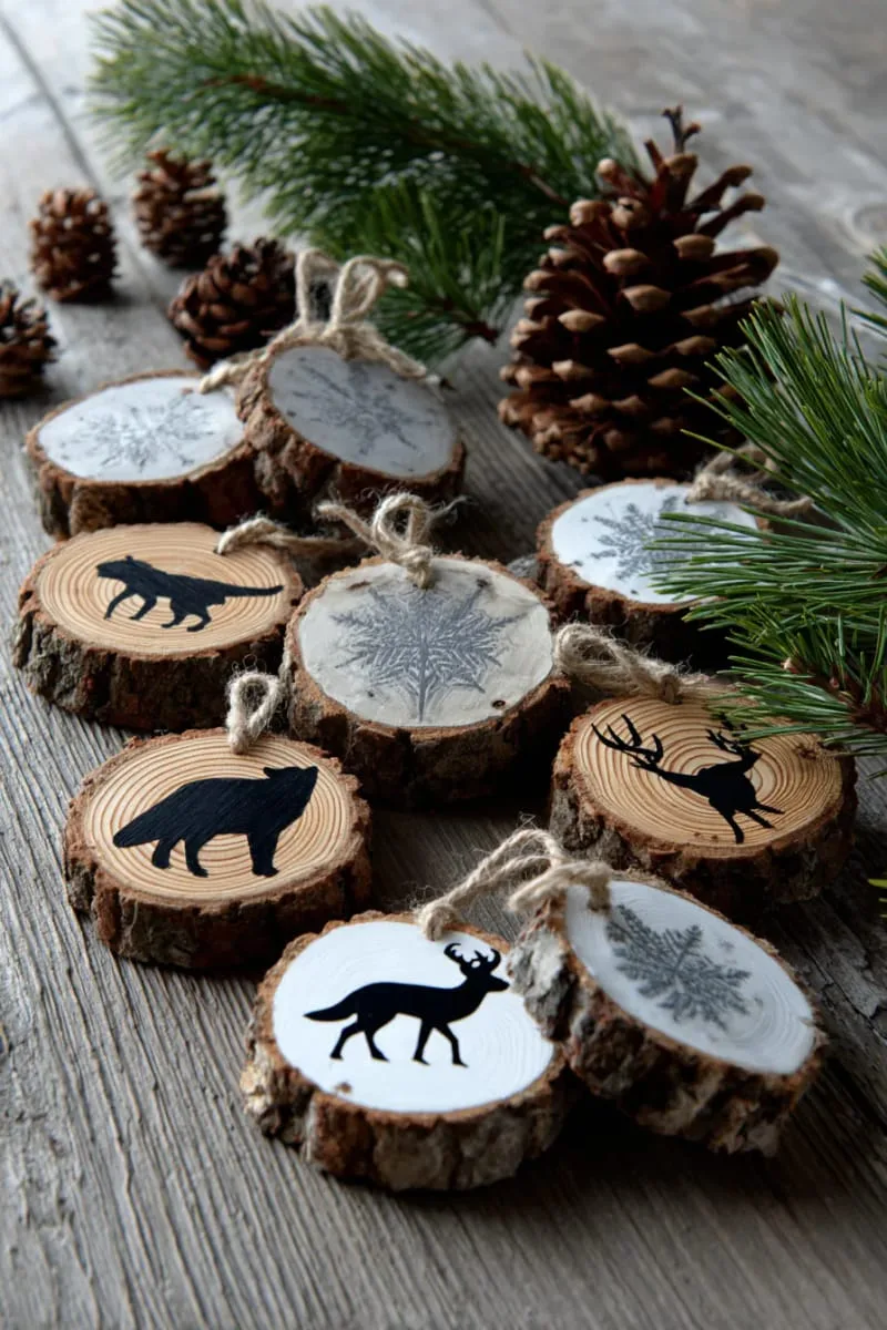 rustic wood slice ornaments painted with woodland animal silhouettes 1