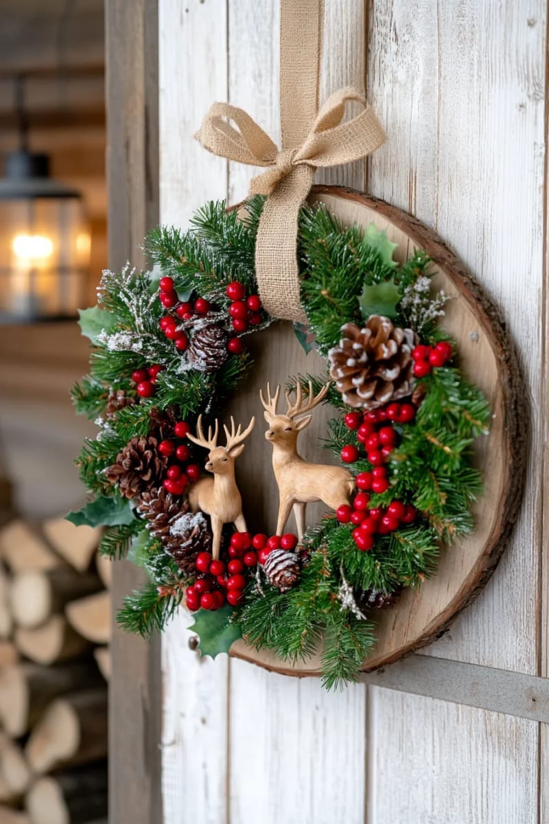 23 Woodsy Christmas Decor Ideas for a Rustic, Cabin-Cozy Holiday 6 rustic wood slice wreath adorned with miniature deer and evergreen sprigs 1