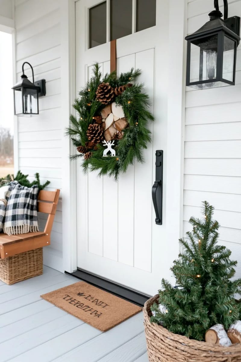 23 Woodsy Christmas Decor Ideas for a Rustic, Cabin-Cozy Holiday 7 rustic wood slice wreath adorned with miniature deer and evergreen sprigs 1