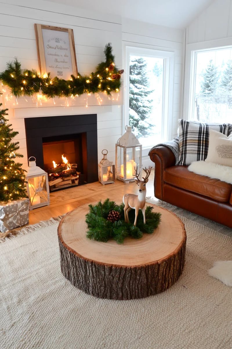 23 Woodsy Christmas Decor Ideas for a Rustic, Cabin-Cozy Holiday 8 rustic wood slice wreath adorned with miniature deer and evergreen sprigs 1