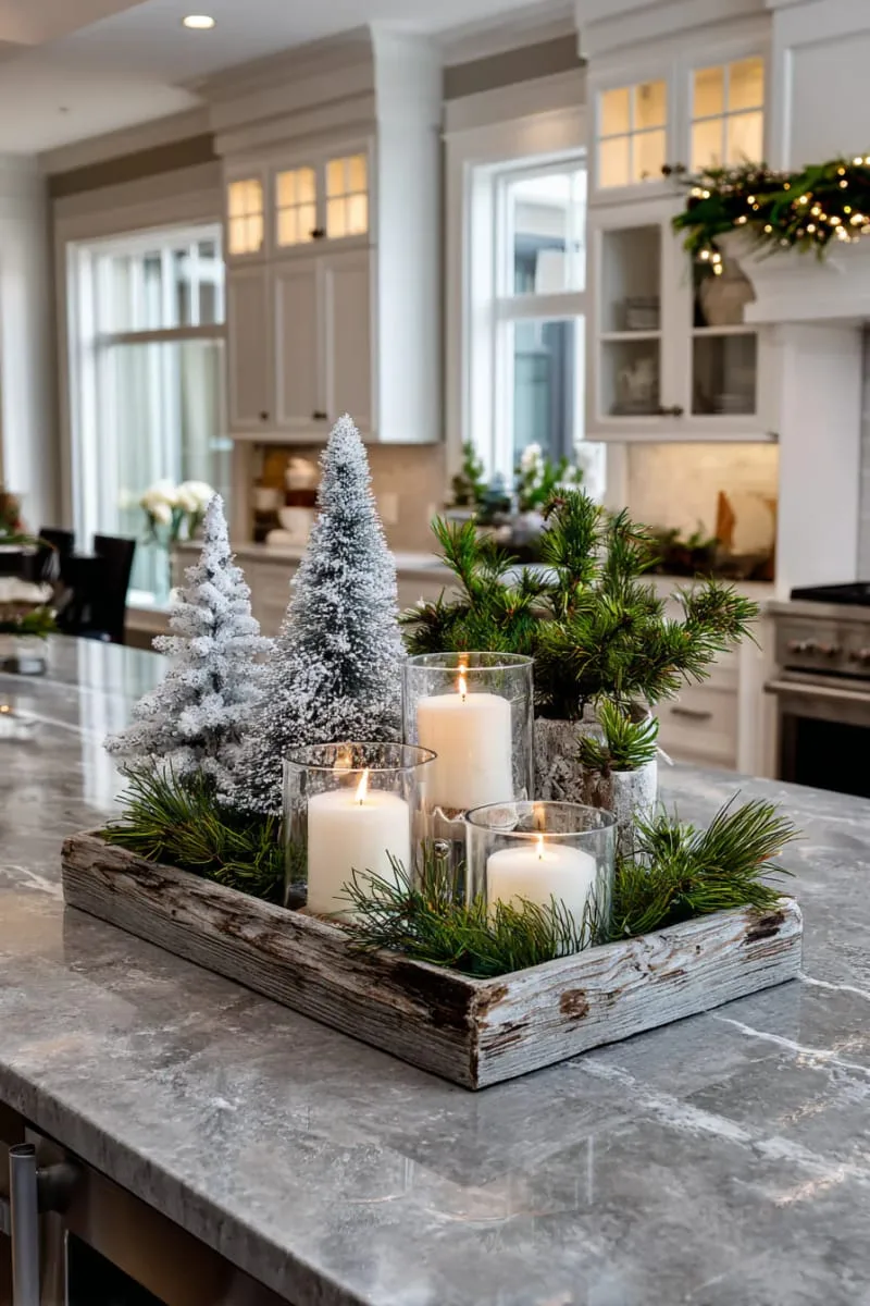 rustic wood tray with mini flocked trees, candles, and pine sprigs 1