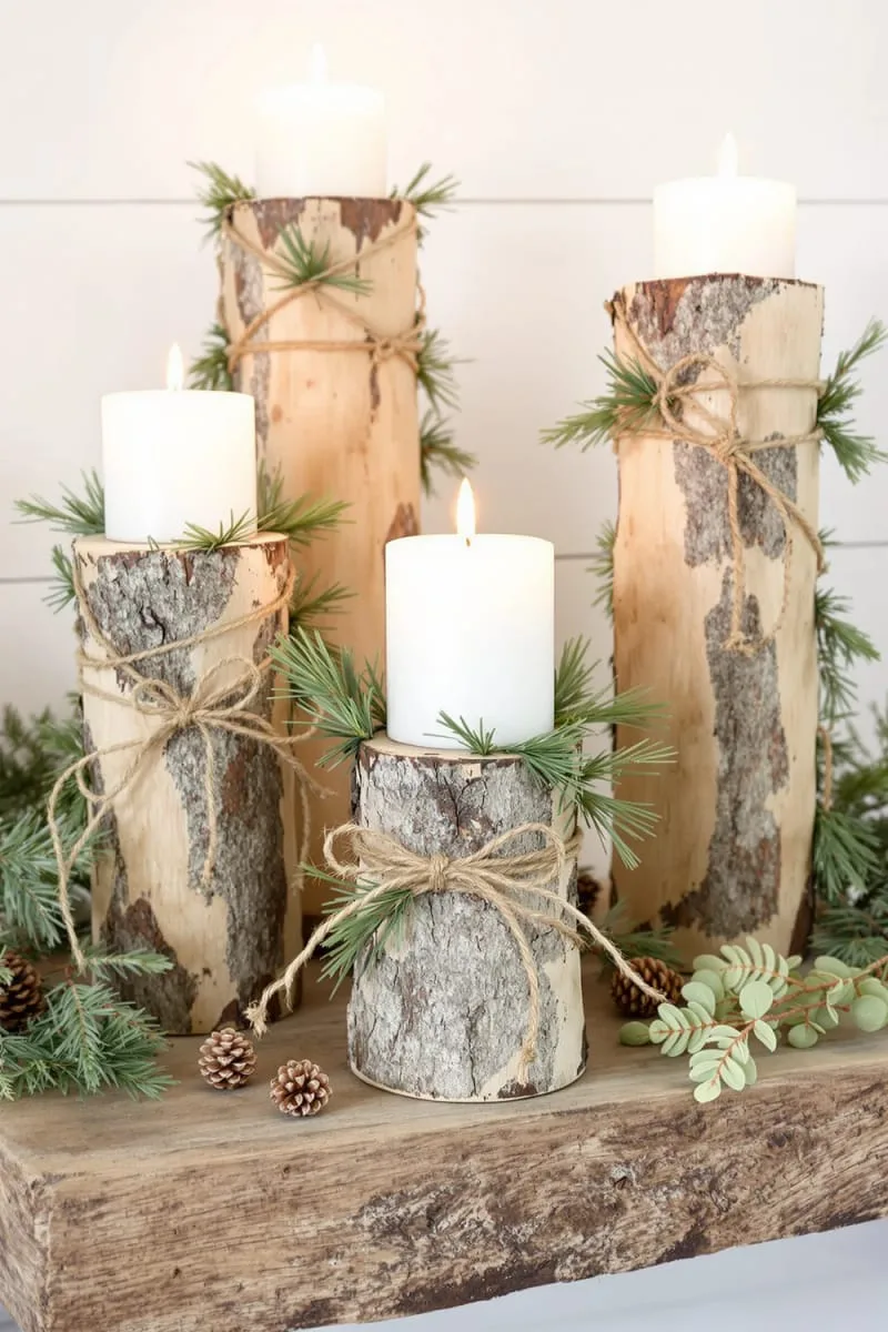 rustic wooden candle holders wrapped in greenery and twine 1