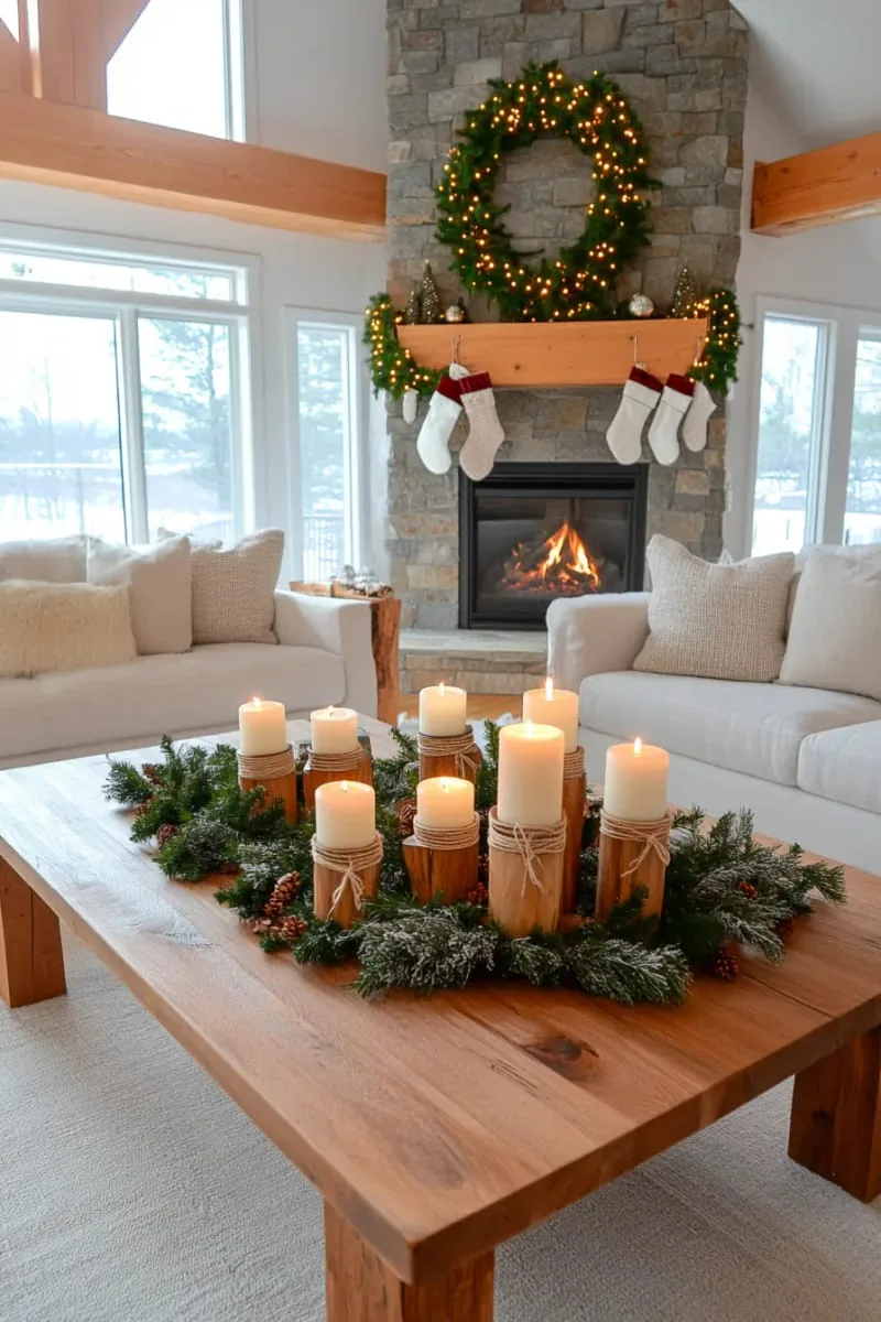 rustic wooden candle holders wrapped in greenery and twine 1