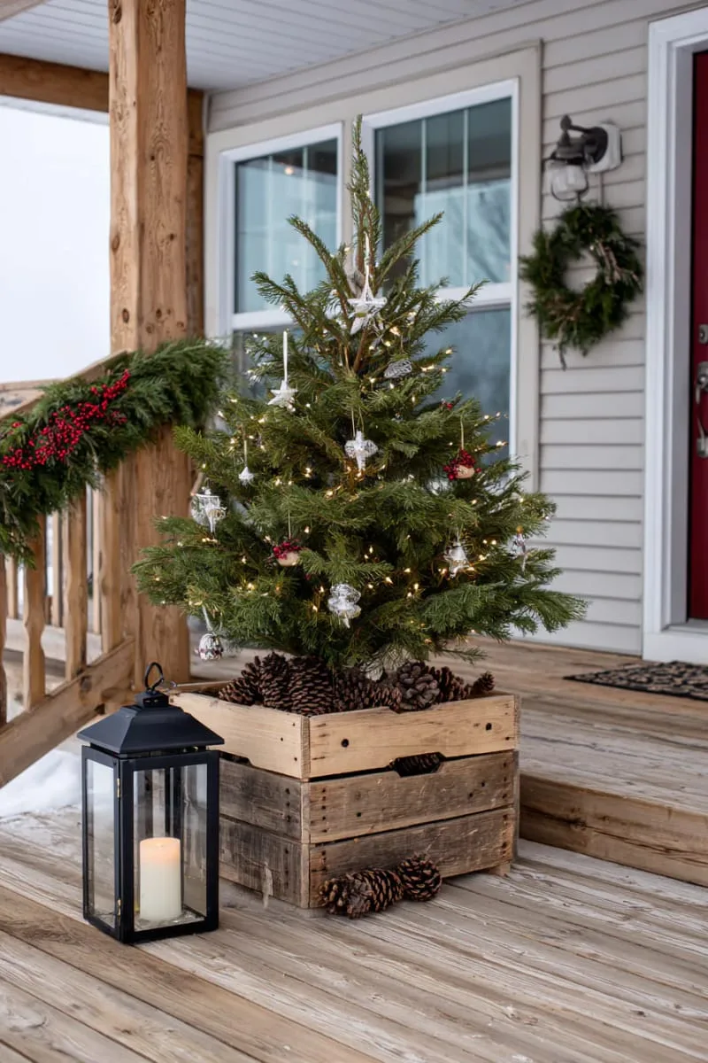 15 Dreamy Front Porch Christmas Trees to Try This Year 11 rustic wooden crate tree stands paired with lanterns and pinecones 1