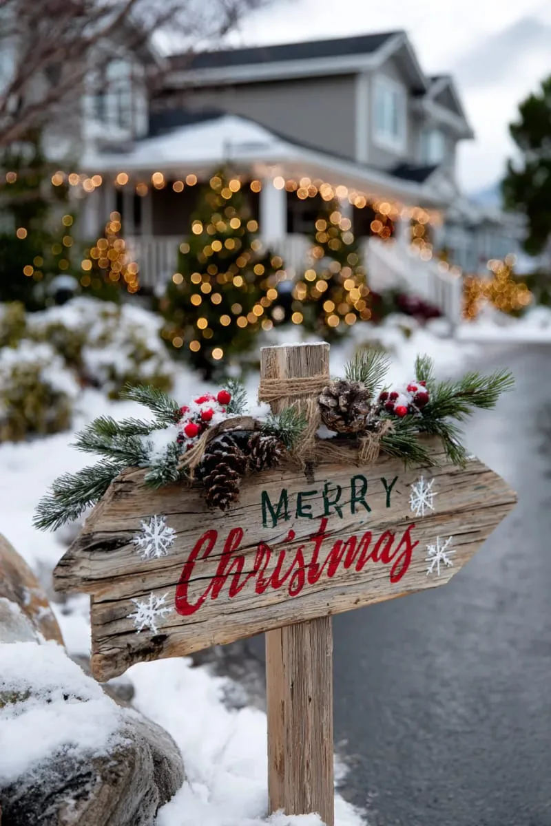23 Exterior Christmas Decor Ideas Guests Will Remember All Season Long 57 rustic wooden signpost with holiday greetings at the start of the driveway 1