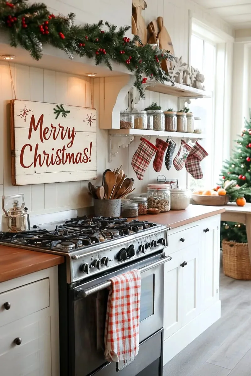 29 Creative Christmas Kitchen Decor Ideas You'll Absolutely Love 57 rustic wooden signs with “merry christmas” by the stove 1
