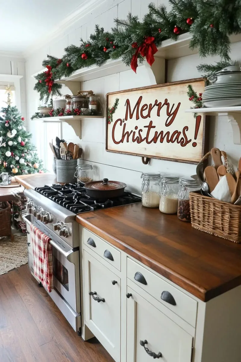 29 Creative Christmas Kitchen Decor Ideas You'll Absolutely Love 58 rustic wooden signs with “merry christmas” by the stove 1