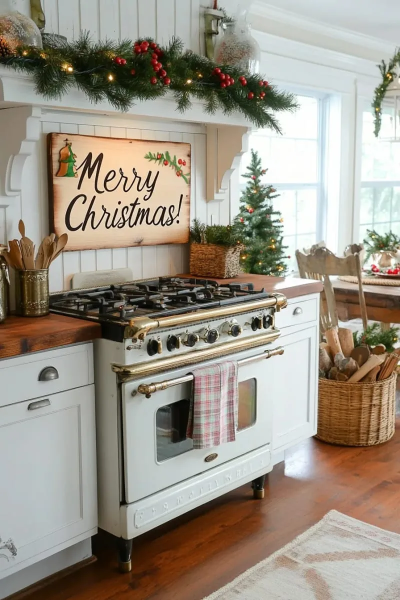 29 Creative Christmas Kitchen Decor Ideas You'll Absolutely Love 59 rustic wooden signs with “merry christmas” by the stove 1