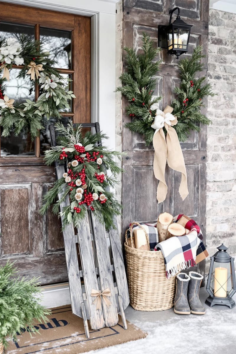 27 Beautiful Christmas Front Door Decor Ideas to Inspire 22 rustic wooden sled propped beside the door with festive greenery 1
