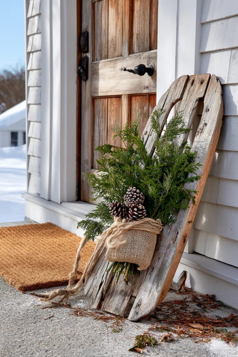 27 Beautiful Christmas Front Door Decor Ideas to Inspire 23 rustic wooden sled propped beside the door with festive greenery 1