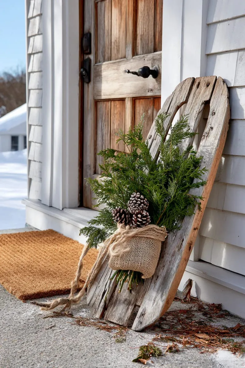 rustic wooden sled propped beside the door with festive greenery 1