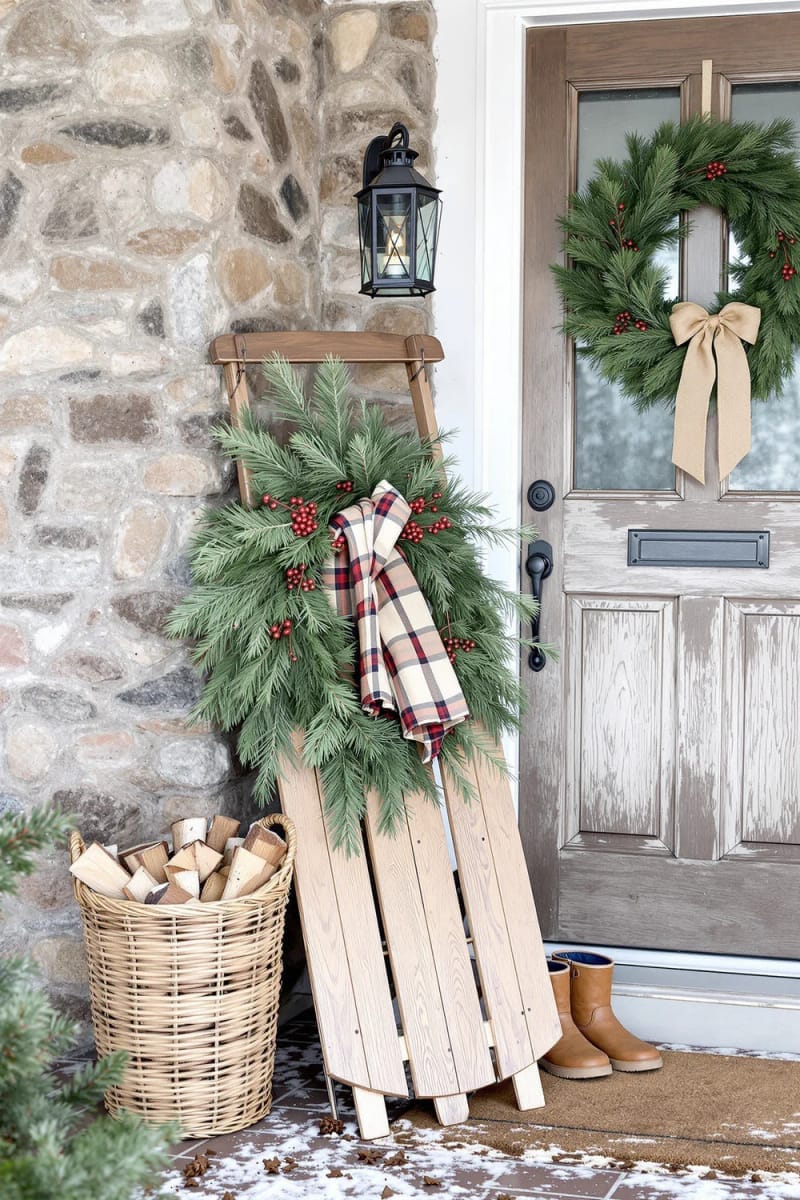 27 Beautiful Christmas Front Door Decor Ideas to Inspire 24 rustic wooden sled propped beside the door with festive greenery 1