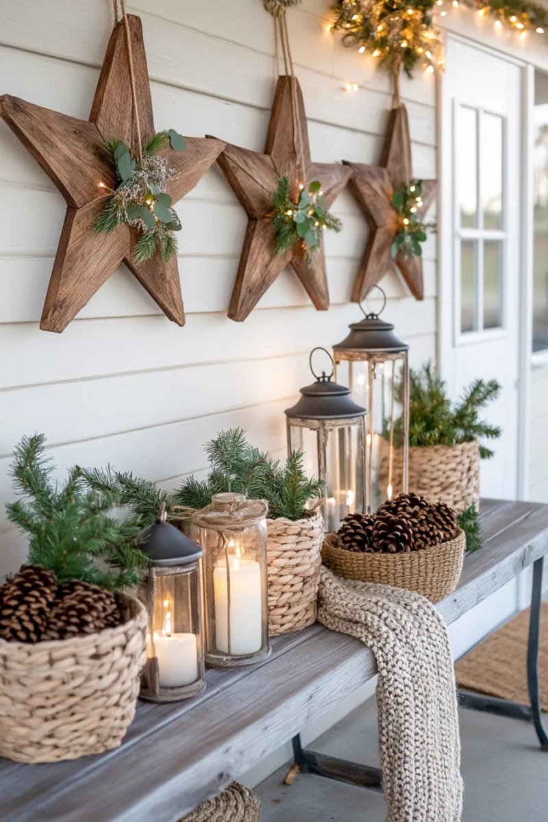 29 Inspiring Natural Christmas Decor Ideas for Modern Homes 52 rustic wooden stars wrapped with eucalyptus and jute string 1
