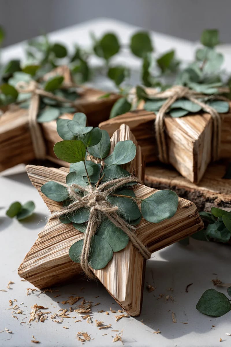 29 Inspiring Natural Christmas Decor Ideas for Modern Homes 53 rustic wooden stars wrapped with eucalyptus and jute string 1