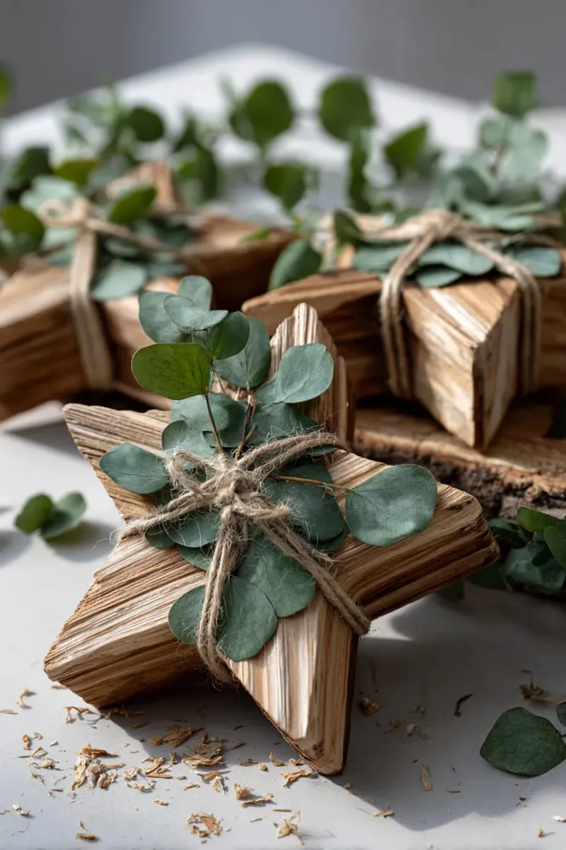 rustic wooden stars wrapped with eucalyptus and jute string 1