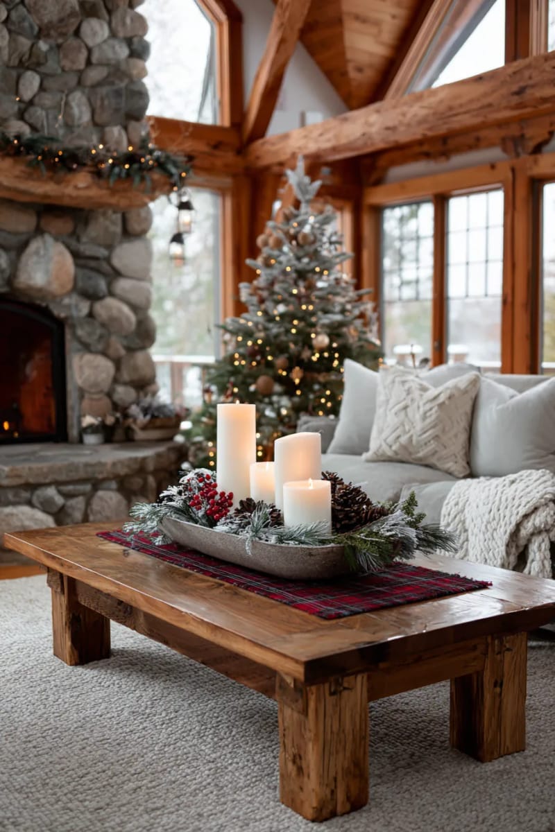 rustic wooden tray centerpiece with pillar candles, pinecones, and greenery 1