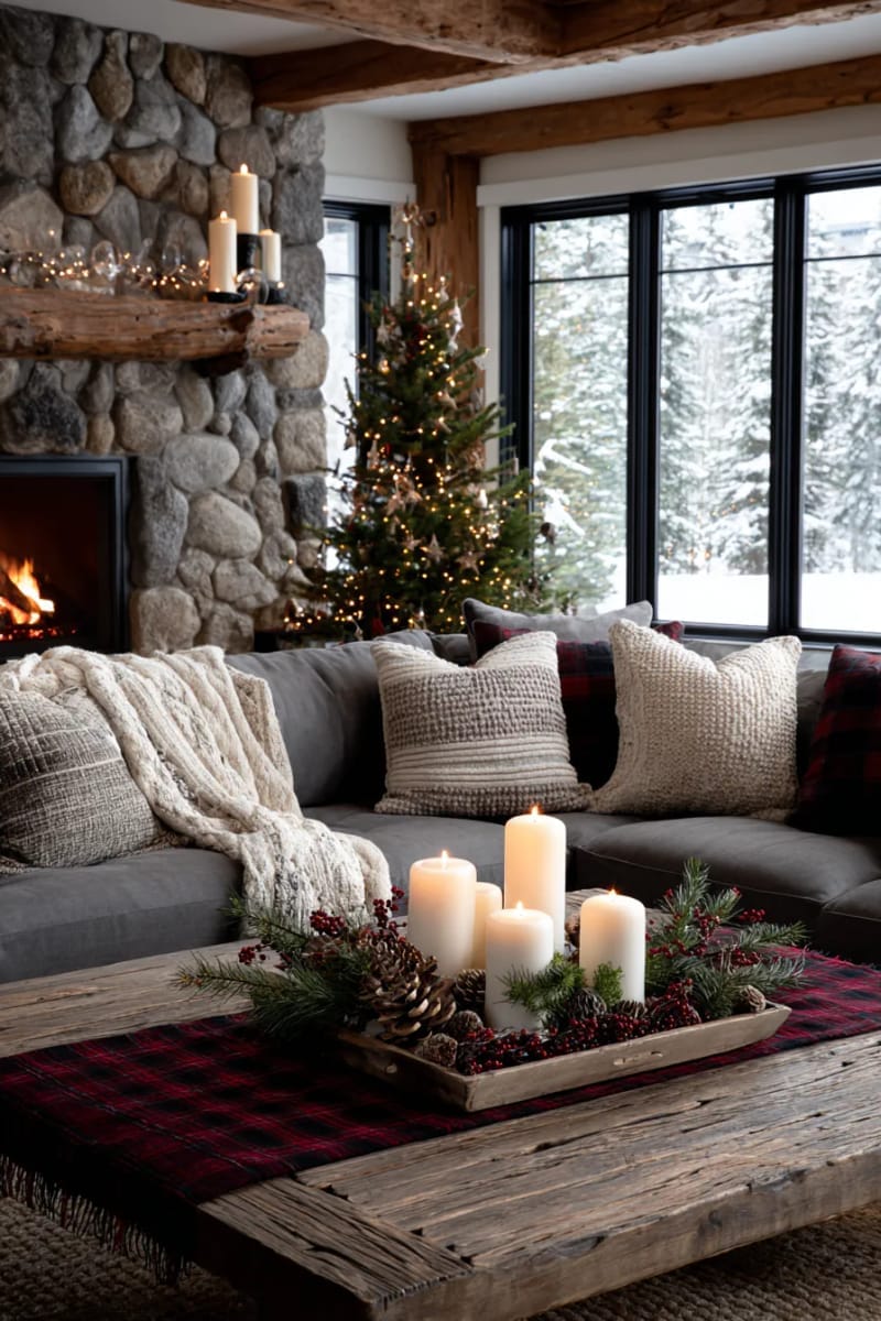 rustic wooden tray centerpiece with pillar candles, pinecones, and greenery 1