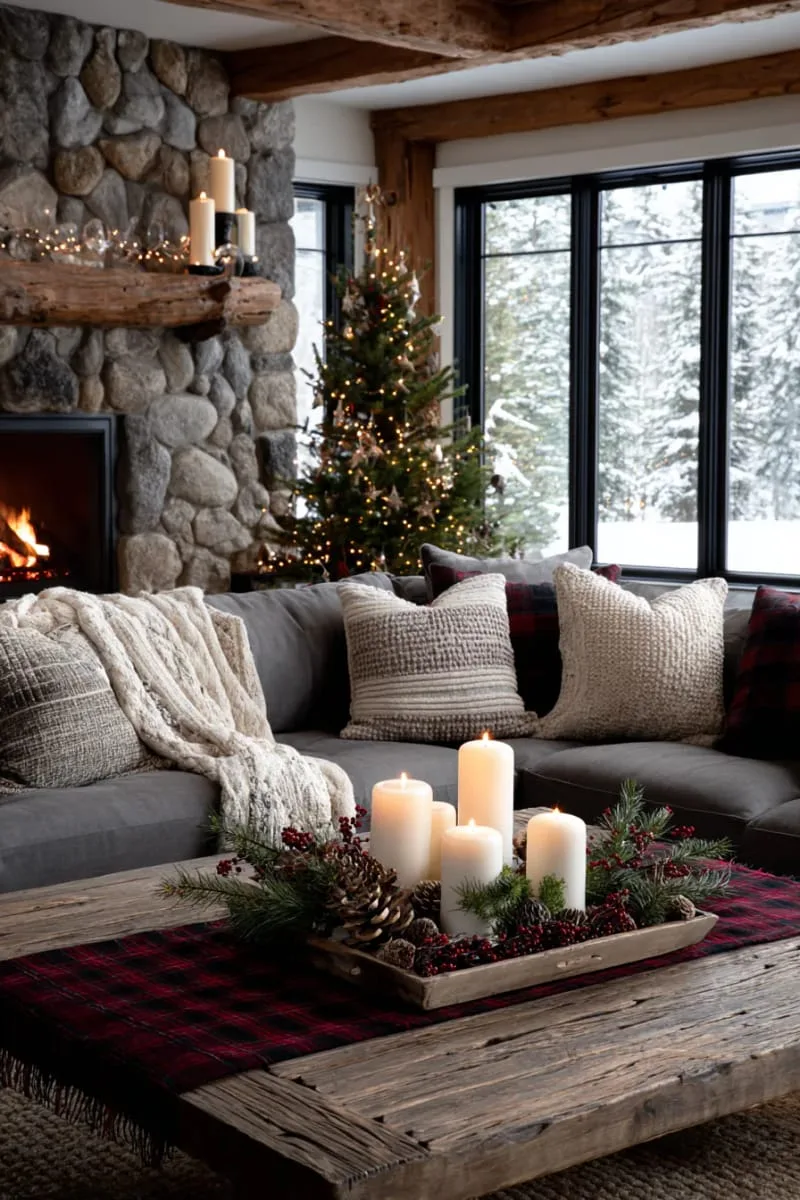 rustic wooden tray centerpiece with pillar candles, pinecones, and greenery 1