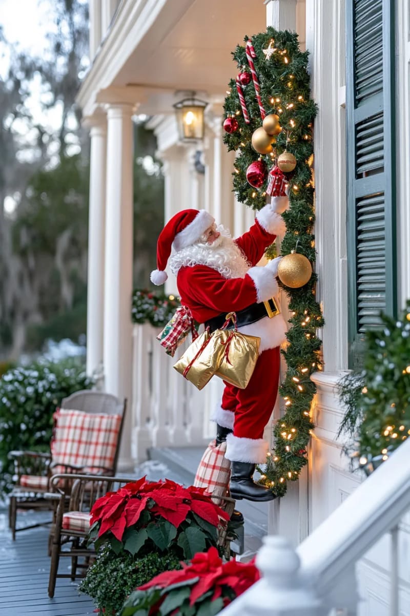 santa claus climbing the side of the house with dangling present sacks 1